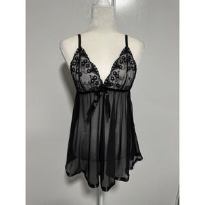 Vintage Style Black Sheer Mesh Babydoll Chemise Floral Sequin Lingerie Medium